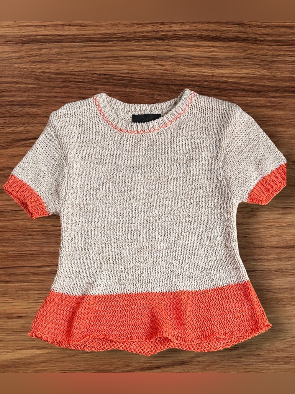 Zara Women's M Cream Orange
Colorblock Open Knit Short
Sleeve Sweater Top
